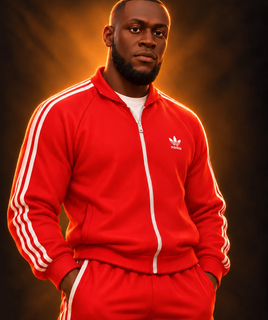 Approved 3D cartoon artwork of Stormzy in a red tracksuit